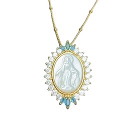 DYFUHO Medal Mother of Pearl Virgin Mary Salvation Miraculous Necklace, Cubic Zirconia Necklace Women, Agate