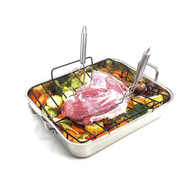 Jitsuryoku 8-Piece Stainless Steel Roasting Pan Set: 16"x13" Rectangular Turkey Roaster, Nonstick Rack, Meat Forks, Injector, Claws & Brush. Heavy Duty & Multi-Use, Dishwasher Safe