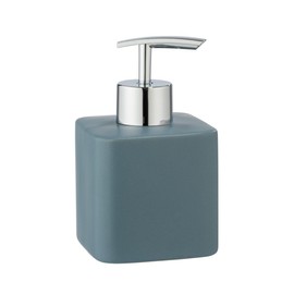 WENKO Hexa Soap Dispenser, Refillable Ceramic Pump Dispenser for 290 ml Liquid Soap, Silver Pump Head, 7.5 x 13 x 8.5 cm, Matte Blue