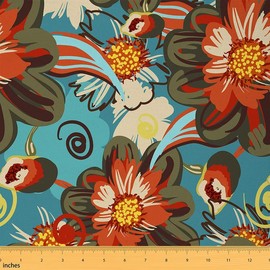 Floral Upholstery Fabric by The Yard, Vintage Style Flowers Pattern Reupholstery Fabric for Chairs, Retro Room Decorative Fabric for Outdoor and Home DIY Projects, 2 Yards, Red Teal