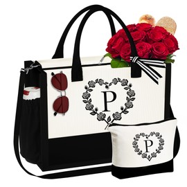 YOOLIFE Birtdhay Gifts for Wife, Teacher Valentines Gifts Monogram Initial Canvas Beach Tote Bag Makeup Bag for Wedding Day Bridal Shower Gifts for Bride To Be Bride Bag Gifts for Women Letter P