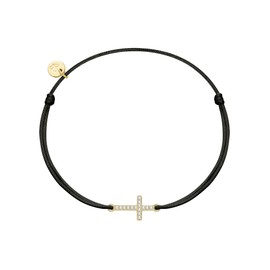 GLANZSTÜCKE MÜNCHEN Women's Textile Bracelet Black with 925 Sterling Silver Yellow Gold-Plated 14 Carat Zirconia White Cross, One size, Sterling Silver, No Gemstone