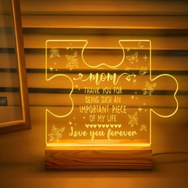 Mom Being of My Piece - Puzzle Piece LED Night Light for Mom - USB Powered Lamp with Heartfelt Message - Wooden Base - Perfect Mother's Day or Birthday Gift, Home Decor