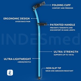 INDESmed - Ultra-Lightweight Forearm Crutches, Aerospace Aluminum (1 Pair/2 Units). Precise Handle and Cuff Adjustment Prevents tendonitis and Hand Pain (5.4-5.75ft, M, Orange)