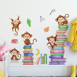 Monkey Wall Decals Animals Monkey Reading Books Wall Stickers for Baby Nursery Bedroom Classroom Wall Decor