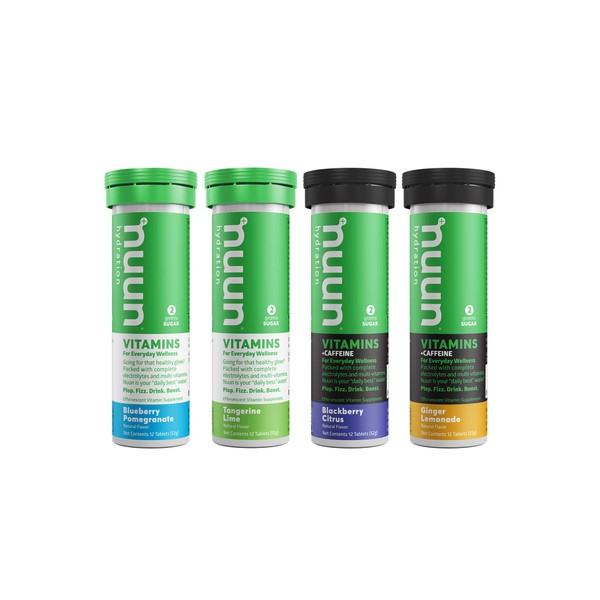 Nuun Hydration Vitamins Electrolyte Tablets + Vitamins, Mixed Flavor Pack + Two Caffeinated Flavors, 4 Pack (48 Servings)