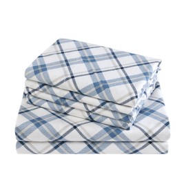 Comfort Spaces Cotton Flannel Breathable Warm Deep Pocket Sheets With Pillow Case Bedding, King, Plaid Blue