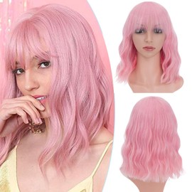 S-noilite Pastel Pink Bob Wig With Bangs Women Short Wavy Bob Wigs Loose Curly Wave Shoulder Length Pastel Bob Synthetic Anime Cosplay Party Wig Colorful Costume Wig 12inch