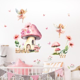 Tanlaby Mushroom Fairies Wall Sticker Genie Girls Wall Sticker Flowers Mushroom House Butterfly Wall Decoration Removable Wall Art Sticker for Baby Room Children's Room Bedroom Living Room