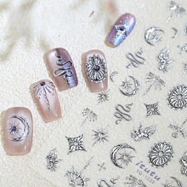 1 Sheets Silver Star Nail Decals for Nail Art 5D Self-Adhesive Stars Nail Design Decals Embossed Snake Nail Art Stickers Silver Moon Nail Stickers for Women Girls Manicure Decor Supplies