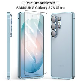 Metal Bumper Case for Samsung Galaxy S26 Ultra, Aluminium Frame Slim Case [Separate Metal Lens Protector] [HD Tempered Glass Screen Protector] [Hippocampus Buckle Design] Cover for S26 Ultra 6.9 Inch