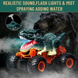 Dinosaur Monster Truck Toys,Remote Control Dinosaur Car, 2.4Ghz RC Truck for Toddlers, Electric Hobby RC Cars with Light & Music Spray Birthday Gift for 2 3 4 5 6 7 8 Year olds Kids Boys Girl(Green)