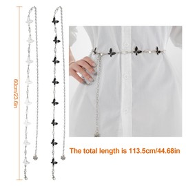 Chain Belt for Women 2 Pieces, Metal Butterfly Bling Rhinestone Sliver Waist Chain Belts, Adjustable Decorated Waist Belts for Dress Sweater Blouse Shirt, 114cm/45Inch