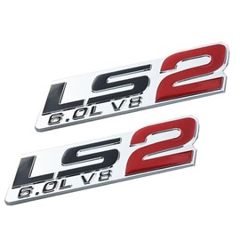 Pair Set LS2 6.0L V8 Engine 3D Letter Side Badge Emblem Nameplate Sticker (Silver Red)