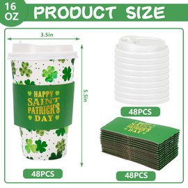 JarThenaAMCS 48 Pack St. Patrick's Day Disposable Coffee Cups with Lids and Sleeves Green Shamrock Paper Cups Drinking Cups for Irish Holiday Party Supplies