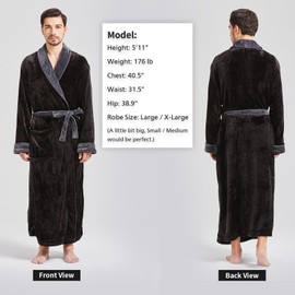 FashGudim Mens Robes Big and Tall Full Length Plush Fleece Long Robe for Men Bathrobe Shawl Collar Warm Winter House Robes (Black/Grey,L/XL)