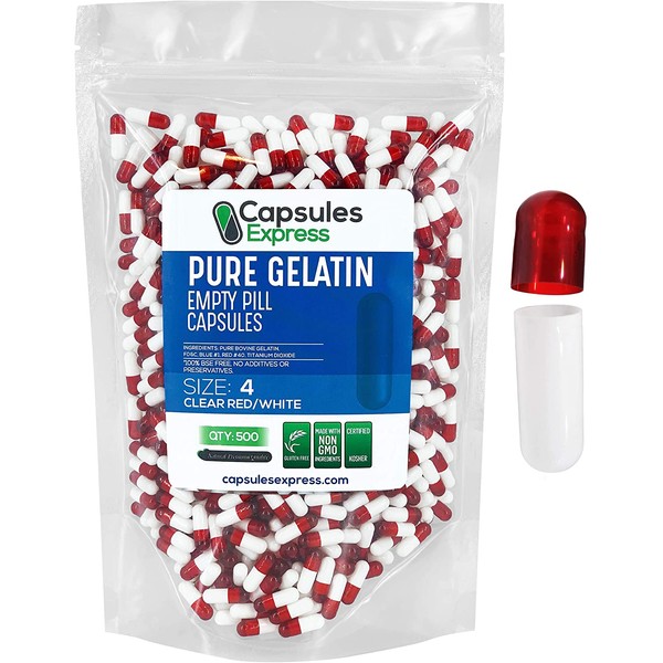 XPRS Nutra Size 4 Empty Capsules - 500 Count Colored Empty Gelatin Capsules - Capsules Express Empty Pill Capsules - DIY Supplement Capsule Filling - Fillable Color Gel Caps Pills (Clear Red/White)