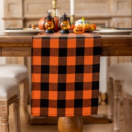 Joyfol - Camino de mesa a cuadros para el día de otoño, diseño de búfalo naranja de Halloween, resistente a las manchas, lavable, decoración de mesa para comedor/cocina/decoración de Acción de Gracias