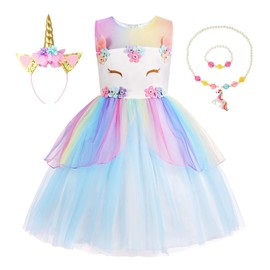 Ohlover Little Girls Unicorn Party Dress Princess Flower Costume Sets (Blue, 8-9 Years)