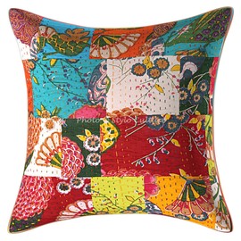 Stylo Culture Ethnic Decorative Cushion Covers 16x16 Set Of 5 Colorful Kantha Patchwork Cotton Sofa Throw Pillow Covers Tropicana 40x40 cm Pillow Cases