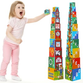 beeqoo 10 Pcs Nesting and Stacking Blocks for Toddlers 1-3 - Cardboard Stacking Cubes with ABC & Numbers - Montessori Educational Learning Toy - Sturdy Toddler Tower Building Set for Kids