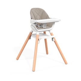 DDIOYIUR Baby High Chair, Highchair for Baby & Toddler, Easy Clean Infant Highchair, 6 in 1 Feeding High Chair with Removable Double Tray and Waterproof PU Cushion, Wooden Legs, Champagne