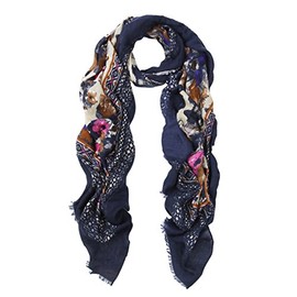 Elegant Large Vintage Floral Design Frayed End Scarf Wrap, Navy