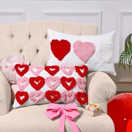 Cinnvoice 2 Pcs Valentine's Day Pillow Covers 12x20 Valentines Lumbar Pillow Case Love Pattern Throw Cushion Case Heart Shape Embroidery Throw Covers for Bedroom Sofa Couch Decoration