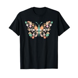 Women Boho Wildflower Summer Flowers Butterfly Shape Graphic T-Shirt