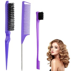 3 Pcs Hair Styling Brush Set - Double Sided Edge Control Brush, Rat Tail Comb & Bristle Hair Brush for Home, Salon, and Travel (Purple)
