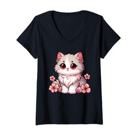 Womens Cute Kawaii Cat with Cherry Blossoms Anime Cartoon Design V-Neck T-Shirt