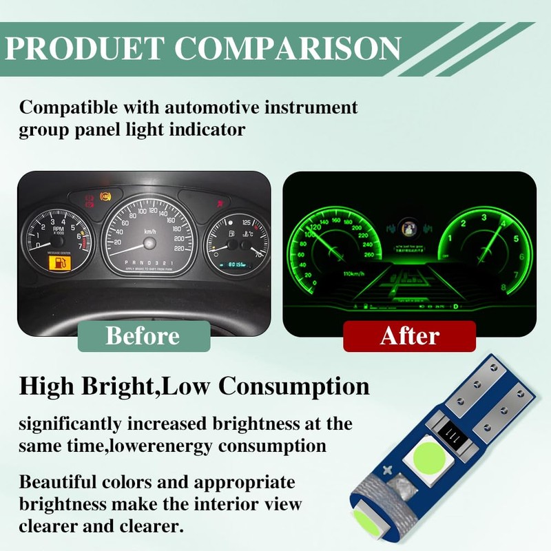 12PCS T5 LED Bulbs, 74 73 37 2721 Instrument Cluster