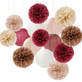 Burgundy-Brown Champagne Party-Decorations Paper-Flowers Lanterns - 15PCS Fall Boho Tissue Pom Poms Streamers,Autumn Rustic Baby Shower Neutral Wedding Birthday Decor Hugfond