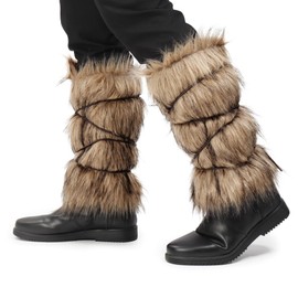 KUOIN Medieval Faux Fur Leg Warmers, Fluffy Leg Wraps Boots Covers with Strap (Brown) (A)