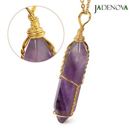 JADENOVA Full Wire Wrapped Energy Healing Crystal Gemstone Pendant Necklace 18 Inches Stainless Steel Chain（Natural Amethyst）