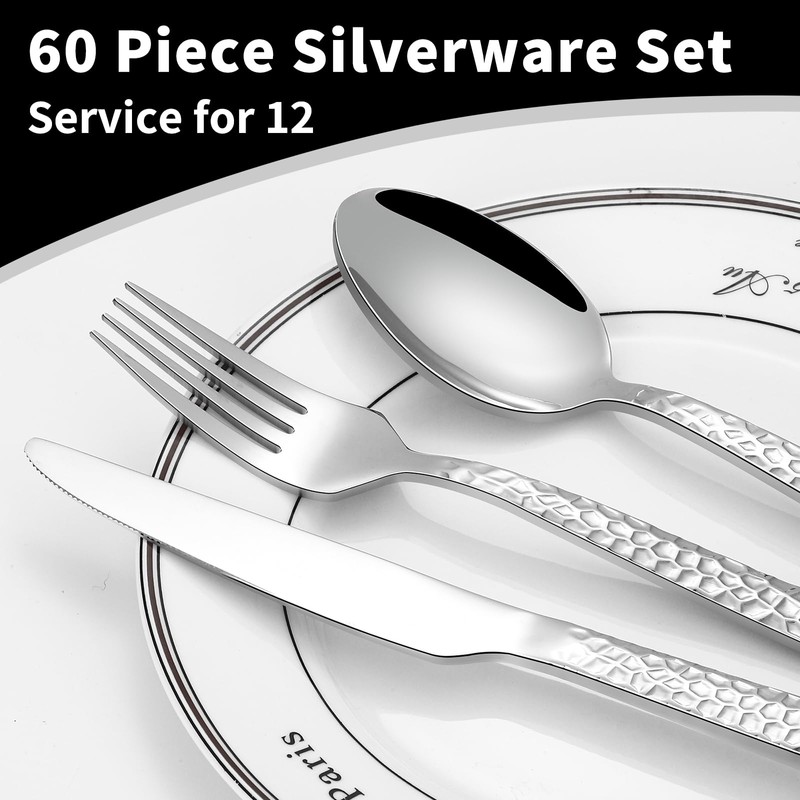 60 Piece Silverware Set for 12, Amafox Stainless Steel Hammered