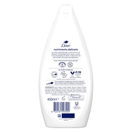 Dove Bagnodoccia Nutrimento Delicato, Idratante Dermo-Naturale, Olio di Cocco, 1/4 Crema Idratante, Dermatologicamente Testato, Bagnoschiuma Uomo e Donna, 100% Bottiglia Riciclata* 450 ml