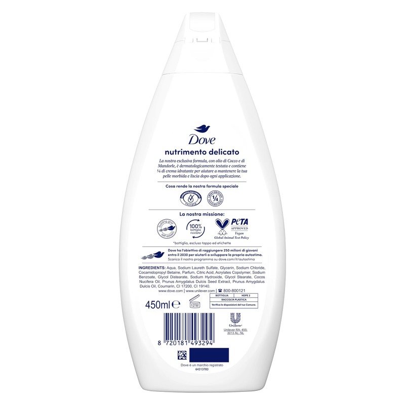Dove Bagnodoccia Nutrimento Delicato, Idratante Dermo-Naturale, Olio di Cocco, 1/4