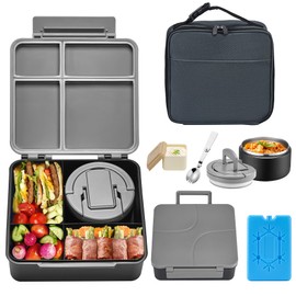 BABHAMNESS Bento Lunch Box with 8oz Soup Thermo,Kids Leakproof Lunch Food Containers with 4 Compartment,Kids Thermo Insulated Hot Food Jar and Lunch Bag for School,Trvael-Black