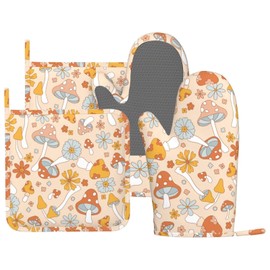 DYCBNESS Retro 70s 60s Mushroom Oven Mitts Pot Holders Set Silicone Vintage Orange Flower Boho Floral Kitchen Oven Mitts Heat Resistant Potholders Non-Slip 4pcs Hot Pads and Oven Gloves Sets for BBQ