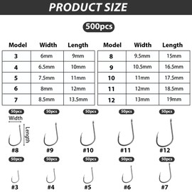 500 Pcs Fishing Hooks in 10 Sizes, No.3-No.12 Carbon Steel Barbed Circle Eyed Hooks Fishing Sea Fish Eyeless Hooks Carp Fishing Tackle with Compartment Box for Saltwater Freshwater Fishing Accessories