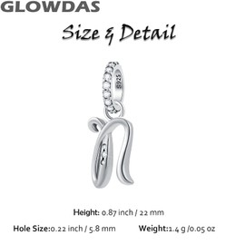 GLOWDAS Letter Charms Initials A to Z Necklace Pendant, 925 Sterling Silver Alphabet Beads and Ampersand & Charm Fit European DIY Bracelet, Gifts for First Mother's Day/Christmas, Sterling Silver