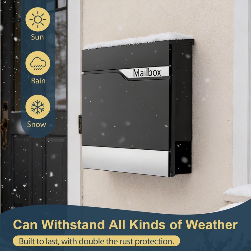 Modern Black Mailbox Wall Mount for Outside, Large Locking Security