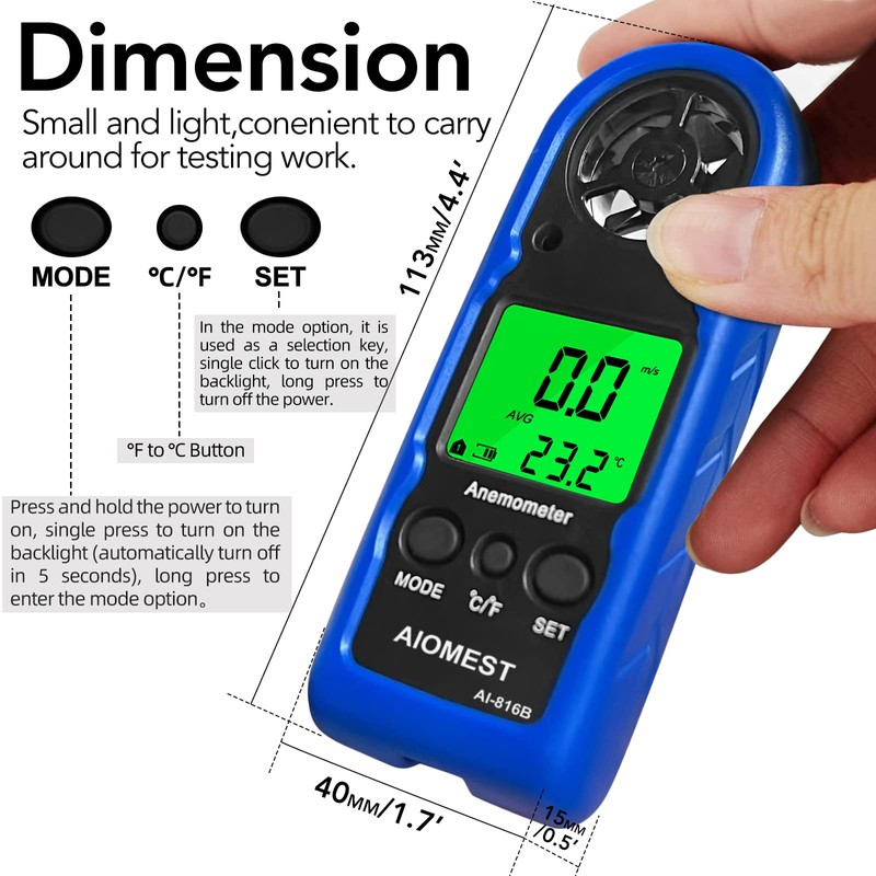 AIOMEST Mini Wind Speed Meter Handheld HAVC Digital Anemometer, Wind