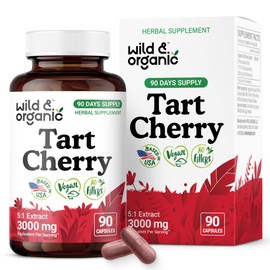 Wild & Organic Tart Cherry Capsules 600 mg - Uric Acid Support - Tart Cherry Extract Supplement - Prunus Cerasus Fruit Powder - 90 Days of Supply - Vegan, No Fillers, Non-GMO - 90 Count