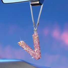 Bling Pink Car Accessories for Women Letter Charm, Rainbow Color Rear View Mirror Cute Crystal Pendant Car Decorations, Lucky Gifts Diamond Rhinestone Charm Letter V