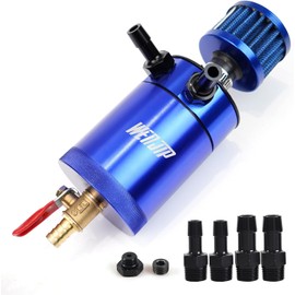 WENJTP Oil Catch Can Kit with 4 Adapters + Breather Filter Drain Valve Plug 2 Ports (1 oulet + 1 inlet) 150ml Universal Aluminum Baffled Oil Reservoir Tank Oil Separator HTRACING (Blue)