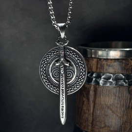 bahamut Viking Necklace Men Stainless Steel Nordic Sowrd Shield Axe Pendant Vintage Compass Jewellery Talisman Amulet Norse Mythology Gifts (Sword and shield)