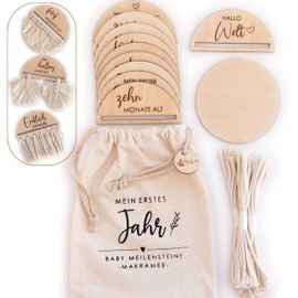 DIY Macrame Milestone Cards Baby Wood in German, Perfect Baby Shower/Baby Shower Games for Knotting Individual Baby Milestone Cards, Gift for Birth, 20 Wooden Milestones with Macrame