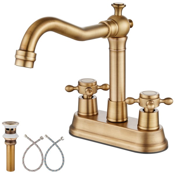 Aolemi Antique Brass 4 Inch Centerset Deck Mounted Bathroom Sink Faucet Vintage with 2 Cross Handles RV Mixer Tap Basin Vanity Lavatory Utility for Sink 3 Hole Include Water Hose & Pop Up Drain